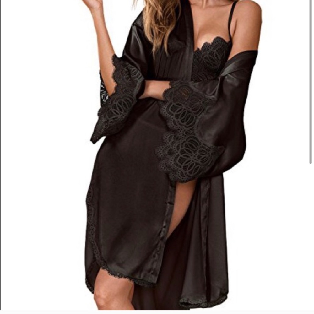 Victoria secret black satin robe kimono